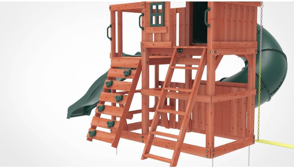 Kiddoro Little Heroes HQ Wooden Swing Set with Double Slides, Tube Slide & Climbing Wall for Kids 3+ Years