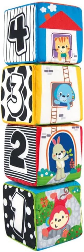 Winfun Animal Pals Soft Blocks Set of Chunky Sensory Foam Blocks for Infants and Toddlers, Interactive Learning Cubes with Textures, Bright Animal Prints, Counting, Shapes, and Baby-Safe Mirror, Ages 3 Months+