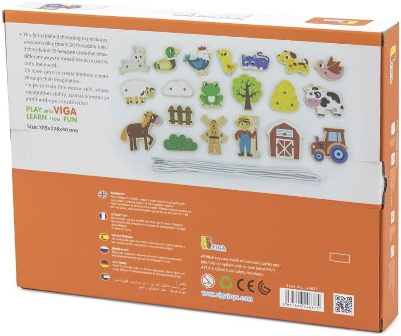 Viga Wooden Farm Lacing Game Set, Educational Wooden Threading Toy with 20 Lacing Plates, 3 Threads and 10 Pattern Cards, Fine Motor Skills Activity for Kids, Ages 2+
