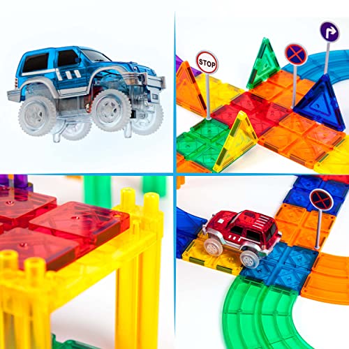 PicassoTiles 50 Piece Race Car Track Building Block Educational Toy Set Magnetic Tiles Magnet DIY Playset 2 Light Up Car STEM Learning Construction Kit Hand-Eye Coordination Fine Motor Skill Training