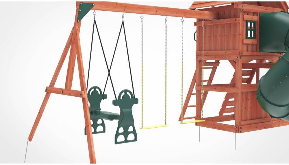 Kiddoro Little Heroes HQ Wooden Swing Set with Double Slides, Tube Slide & Climbing Wall for Kids 3+ Years