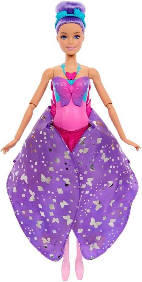Barbie Dance and Flutter Doll with 2-in-1 Transformation from Dancer to Butterfly with Opening Wings, Purple Hair, Headpiece & Removable Tutu, HXJ10
