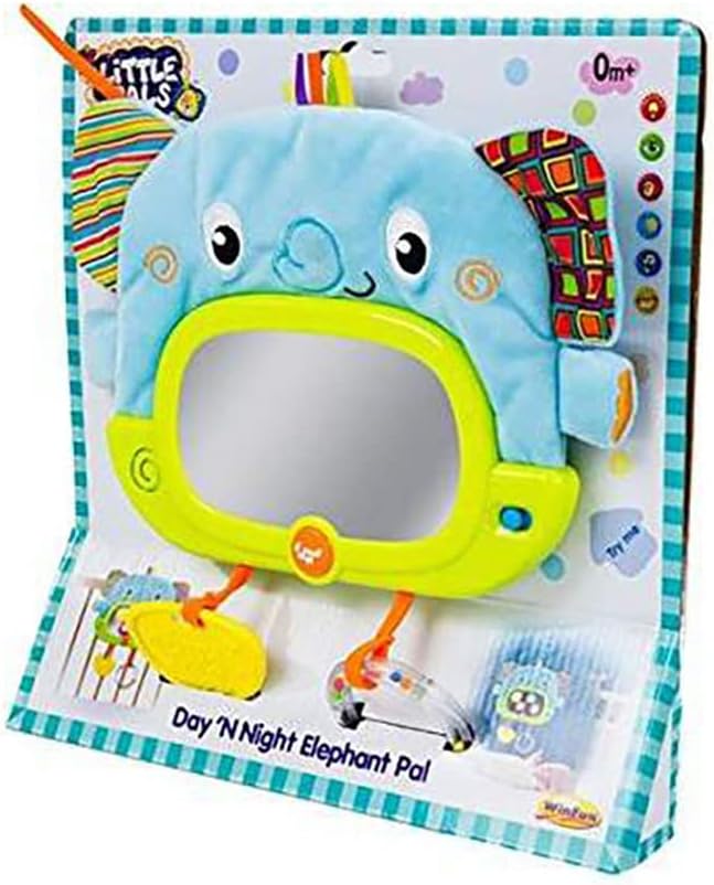 Winfun Day N Night Elephant Pal Interactive Toy Semi Soft Baby Toy Light Up Mirror Sounds Melodies Crib Stroller Attachment Multicolor for Newborns