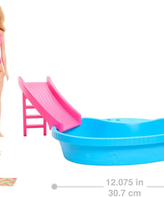 Barbie Doll and Pool Playset, Blonde with Pool, Slide, Towel and Drink Accessories