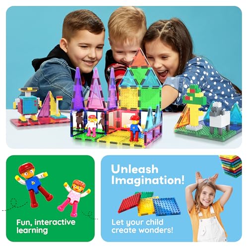 PicassoTiles 63 Pcs Magnetic Building Block Tiles with 2 Character Figures Construction Stacking STEM 3D Toy Set Creative Educational Learning Kit Magnet Montessori Playset for Kids & Toddlers Ages 3+