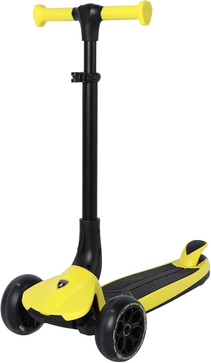 Lamborghini 3-Wheel Kids Scooter with Adjustable Height – Yellow | Lean-to-Steer Children’s Kick Scooter | Stable Wide Deck, Smooth Ride, Outdoor Fun