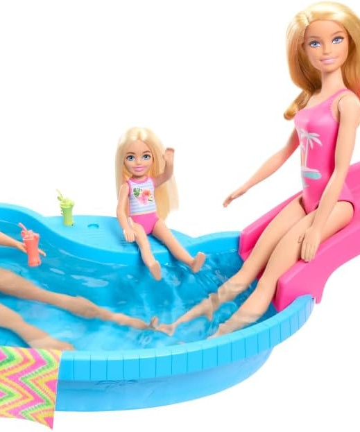 Barbie Doll and Pool Playset, Blonde with Pool, Slide, Towel and Drink Accessories