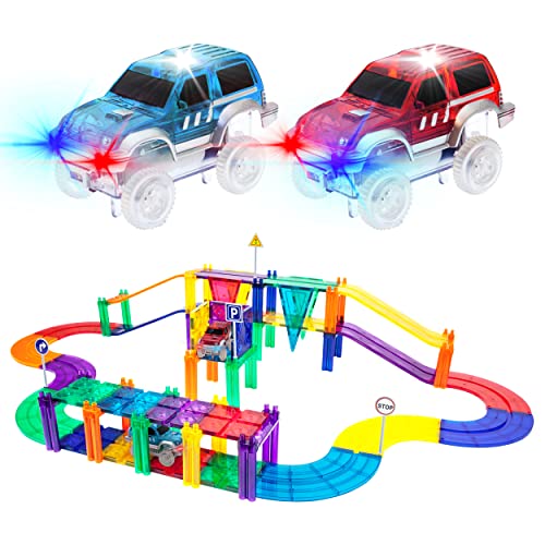 PicassoTiles 50 Piece Race Car Track Building Block Educational Toy Set Magnetic Tiles Magnet DIY Playset 2 Light Up Car STEM Learning Construction Kit Hand-Eye Coordination Fine Motor Skill Training