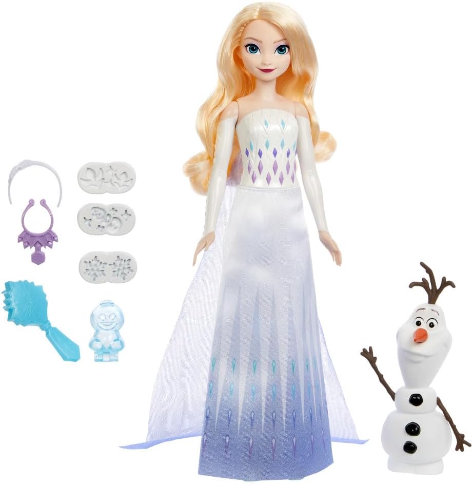 Mattel Disney Frozen Elsa Fashion Doll & Sand Set with Olaf Figure, Moldable “Snow” Sand & 4 Stampers, Elsa & Olaf Adventures, Inspired by Disney Movie