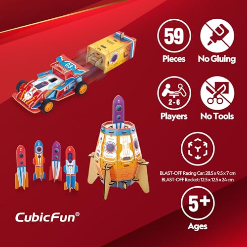 National Geographic 3D Puzzle 2In1 Blast-Off Rocket & Racing Car 59-Pieces by Cubic Fun, STEM Learning, Build Things with Read-Along Adventure, Educational Puzzle, Learn & Fun Toys, For Kids 5 Years+