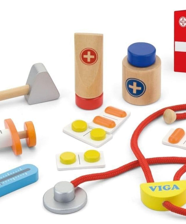 Viga Wooden Medical Kit, Role-Play Accessories Including Syringe, Tablets, Stethoscope and Medicine, Durable and Colorful Toy for Kids