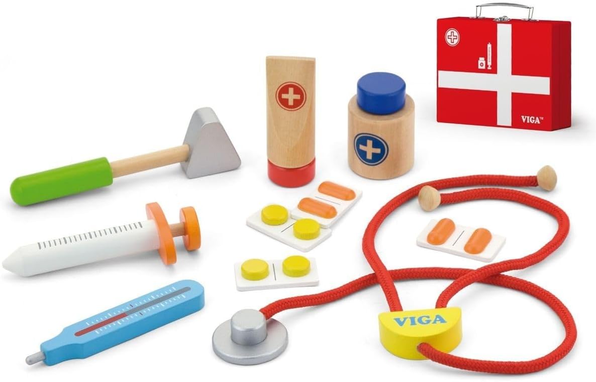 Viga Wooden Medical Kit, Role-Play Accessories Including Syringe, Tablets, Stethoscope and Medicine, Durable and Colorful Toy for Kids