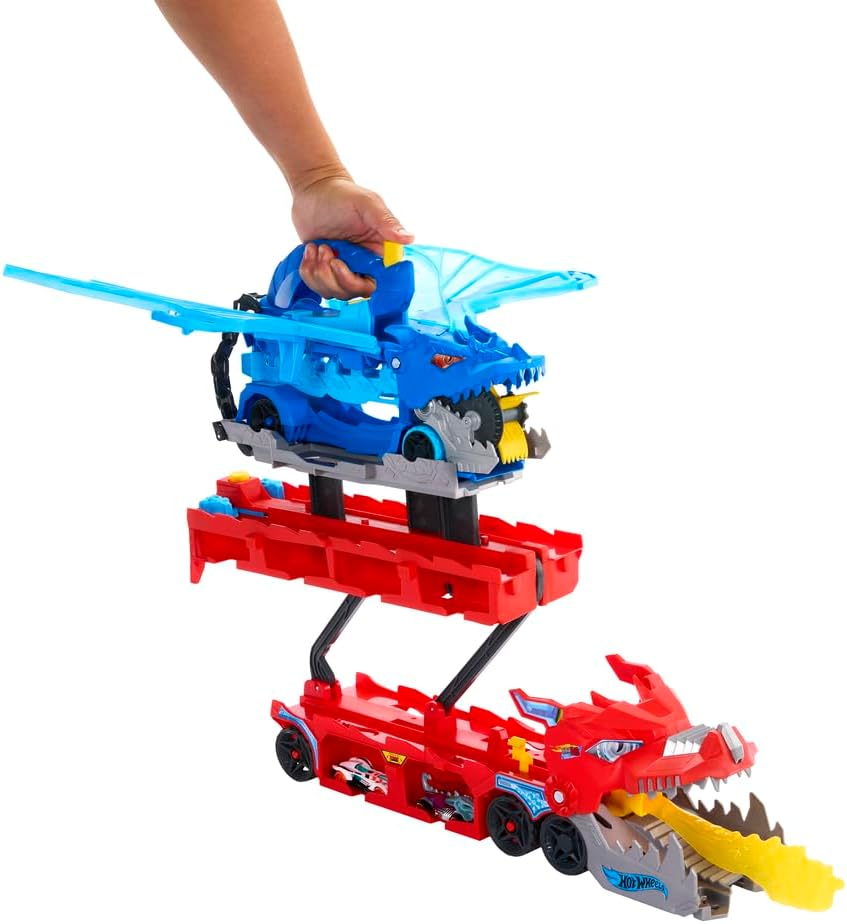 Hot Wheels City Toy Car Track Set, Ultimate Dual Dragon Transporter & 2 Die-Cast Cars, Large-Scale Dragon & Detachable Dragon, Stores 20+ Vehicles