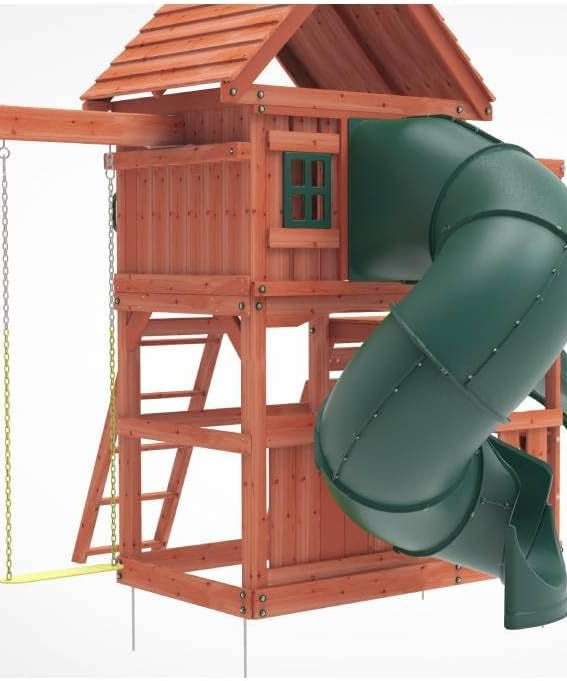 Kiddoro Little Heroes HQ Wooden Swing Set with Double Slides, Tube Slide & Climbing Wall for Kids 3+ Years