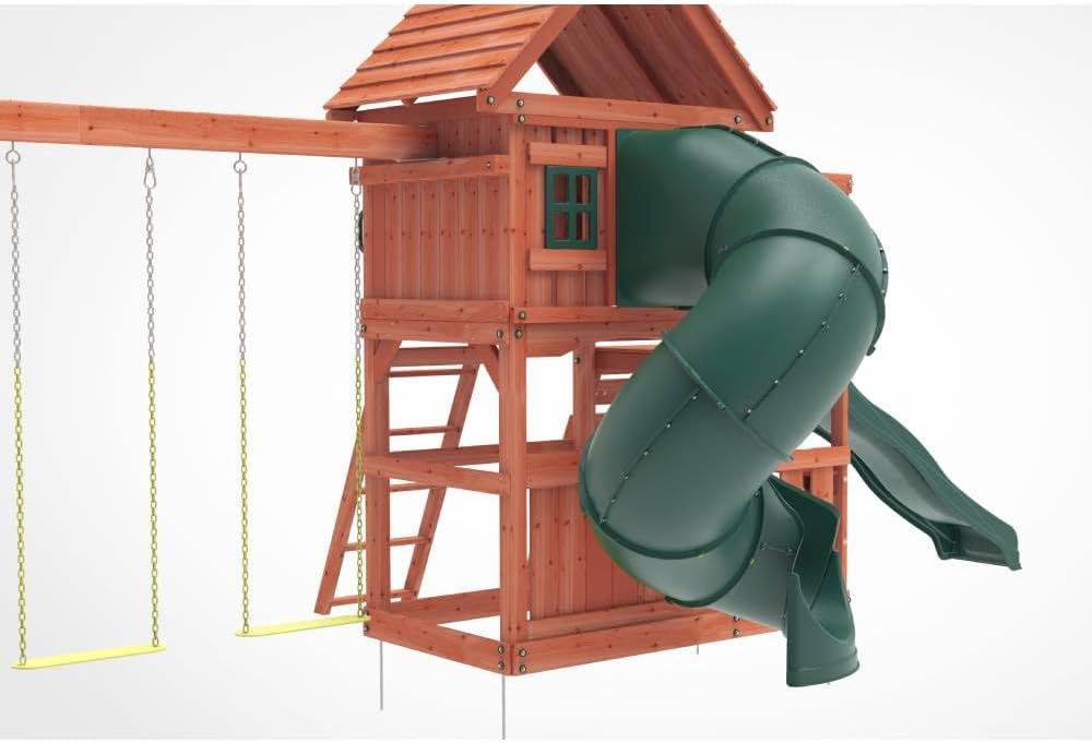 Kiddoro Little Heroes HQ Wooden Swing Set with Double Slides, Tube Slide & Climbing Wall for Kids 3+ Years