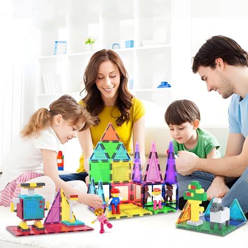 PicassoTiles 63 Pcs Magnetic Building Block Tiles with 2 Character Figures Construction Stacking STEM 3D Toy Set Creative Educational Learning Kit Magnet Montessori Playset for Kids & Toddlers Ages 3+