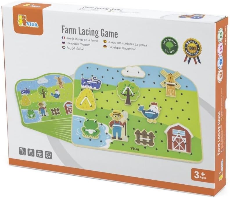 Viga Wooden Farm Lacing Game Set, Educational Wooden Threading Toy with 20 Lacing Plates, 3 Threads and 10 Pattern Cards, Fine Motor Skills Activity for Kids, Ages 2+