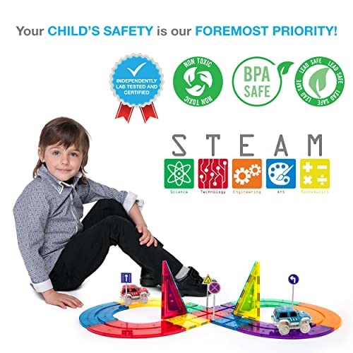 PicassoTiles 50 Piece Race Car Track Building Block Educational Toy Set Magnetic Tiles Magnet DIY Playset 2 Light Up Car STEM Learning Construction Kit Hand-Eye Coordination Fine Motor Skill Training