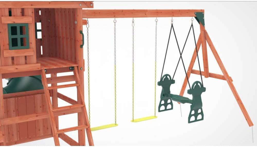 Kiddoro Little Heroes HQ Wooden Swing Set with Double Slides, Tube Slide & Climbing Wall for Kids 3+ Years