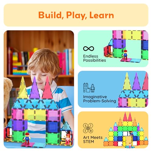 PicassoTiles 63 Pcs Magnetic Building Block Tiles with 2 Character Figures Construction Stacking STEM 3D Toy Set Creative Educational Learning Kit Magnet Montessori Playset for Kids & Toddlers Ages 3+