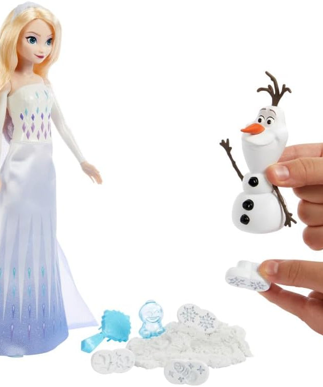 Mattel Disney Frozen Elsa Fashion Doll & Sand Set with Olaf Figure, Moldable “Snow” Sand & 4 Stampers, Elsa & Olaf Adventures, Inspired by Disney Movie