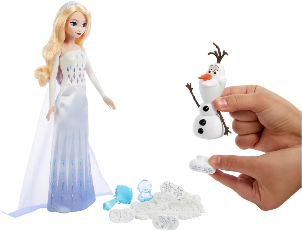 Mattel Disney Frozen Elsa Fashion Doll & Sand Set with Olaf Figure, Moldable “Snow” Sand & 4 Stampers, Elsa & Olaf Adventures, Inspired by Disney Movie