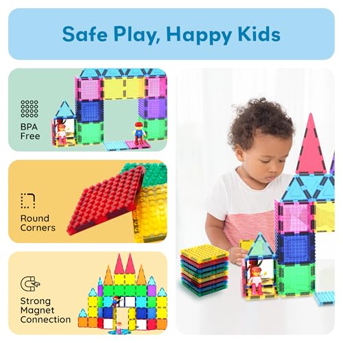 PicassoTiles 63 Pcs Magnetic Building Block Tiles with 2 Character Figures Construction Stacking STEM 3D Toy Set Creative Educational Learning Kit Magnet Montessori Playset for Kids & Toddlers Ages 3+