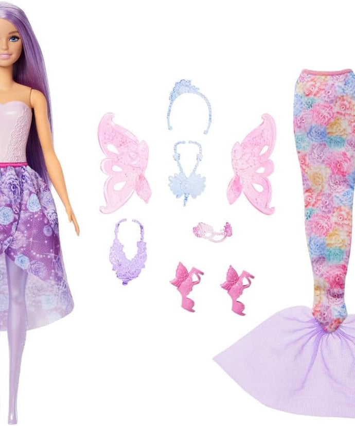 Barbie Doll with Clothes & Accessories, Fantasy Fashion Pack with 8 Accessories Including Mermaid Tail, Fairy Wings, Royal Necklaces, Shoes & More for 10+ Looks