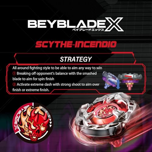 Takara Tomy Beyblade X Launcher Scythe Incendio 4-60T Starter Pack Top & Launcher, Easy Grip, Battle Top Toy, Bey Toy for 8+ Year Old Boys Girls, Authentic Die-cast Metal Parts, Powerful Attacks