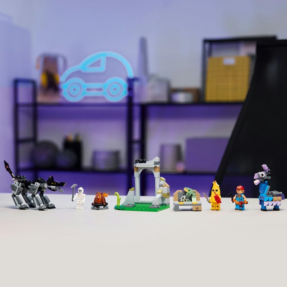 LEGO Fortnite Peely & Sparkplug’s Camp Toy - incl. Wolf & Supply Llama Figures plus a Campfire & 3 Minifigures - Gift for 7+ Year Old Boys, Girls & Gaming Fans - 77075