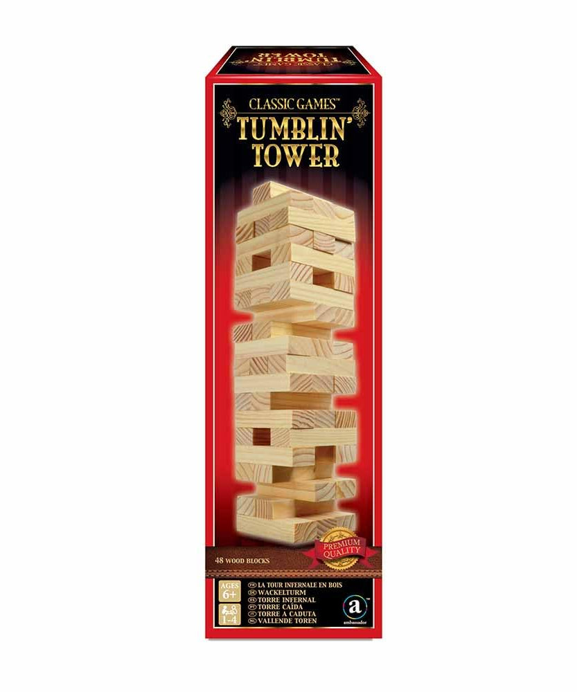 Ambassador Merchant Classic Wood Tumblin Tower, 48 Wood Blocks, Cardboard Insert, Gold Foil Gift Box, Multi Player, Family+