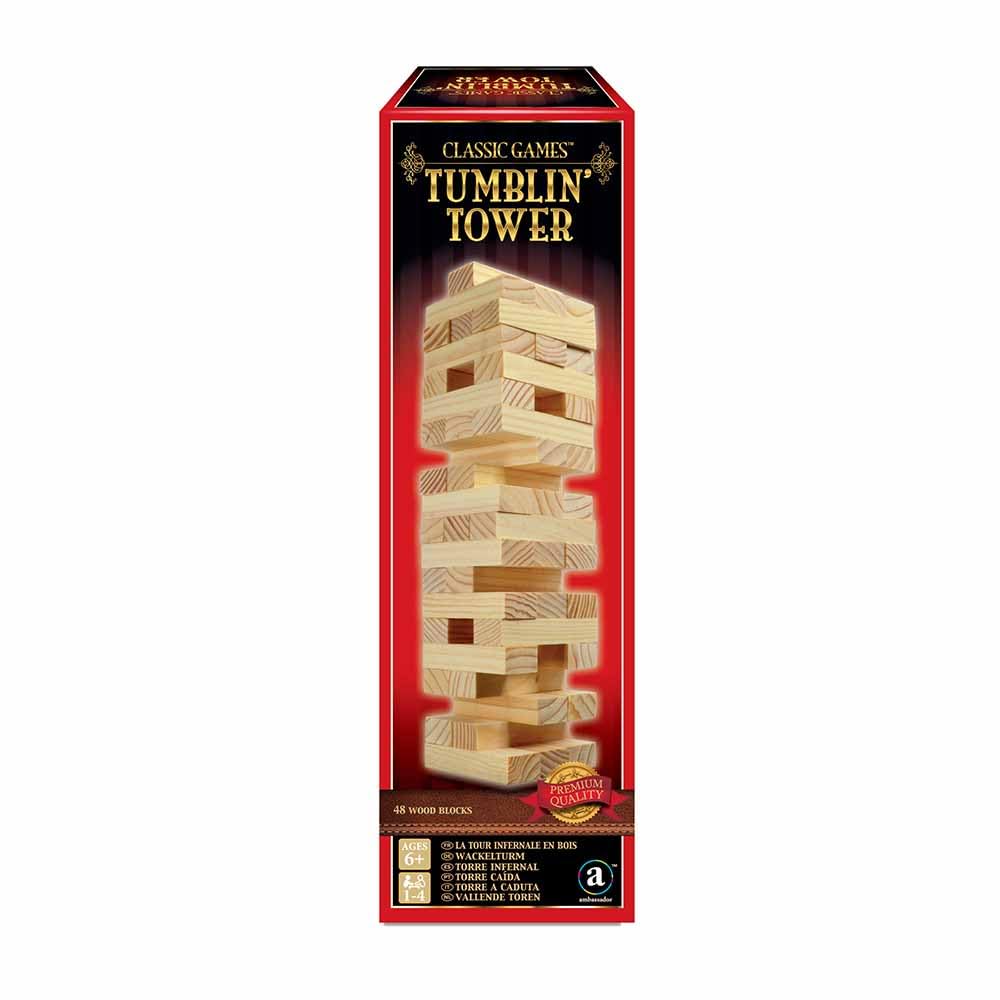 Ambassador Merchant Classic Wood Tumblin Tower, 48 Wood Blocks, Cardboard Insert, Gold Foil Gift Box, Multi Player, Family+