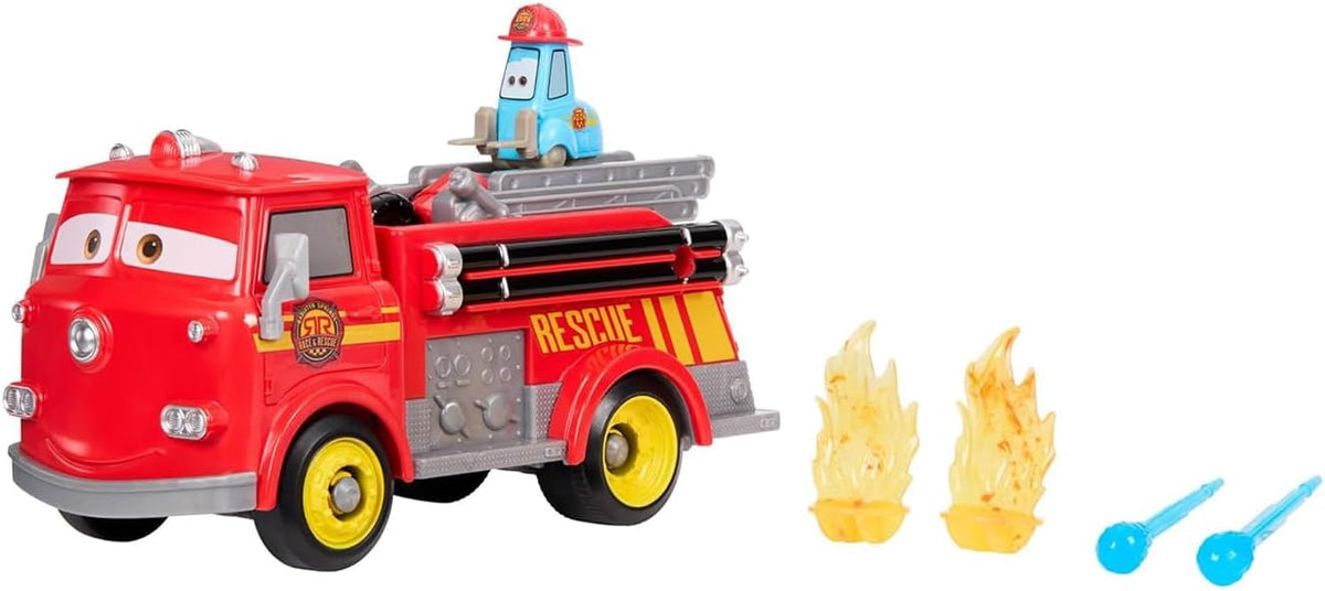 Mattel Disney and Pixar Cars Toy Firetruck, Radiator Springs Race & Rescue Fire Fighting Red & Guido, 2 Plastic Flame Targets & 2 Water Projectiles, JFL54