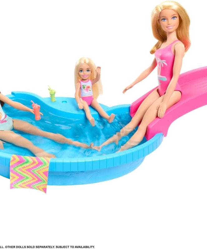 Barbie Doll and Pool Playset, Blonde with Pool, Slide, Towel and Drink Accessories