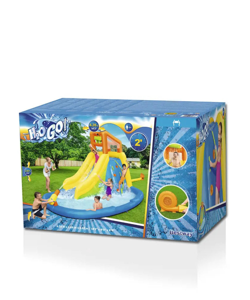 Bestway H2OGO Mount Splashblast Mega Water Park 4.35m Inflatable Slide with Climbing Wall, Splash Pool, Blower Included, Kids Outdoor Water Play Center, Ages 5+