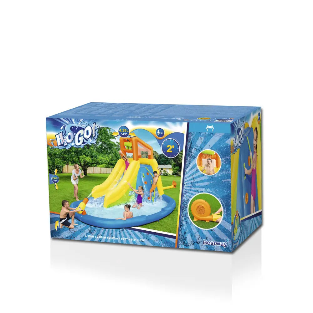 Bestway H2OGO Mount Splashblast Mega Water Park 4.35m Inflatable Slide with Climbing Wall, Splash Pool, Blower Included, Kids Outdoor Water Play Center, Ages 5+