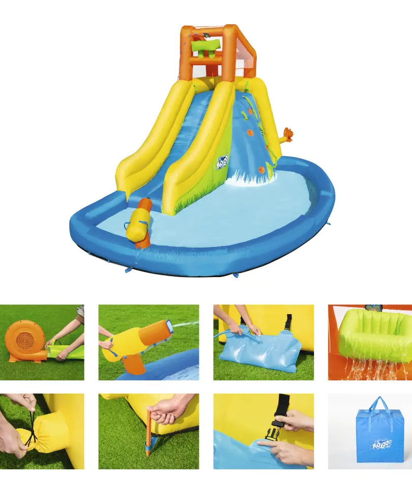 Bestway H2OGO Mount Splashblast Mega Water Park 4.35m Inflatable Slide with Climbing Wall, Splash Pool, Blower Included, Kids Outdoor Water Play Center, Ages 5+