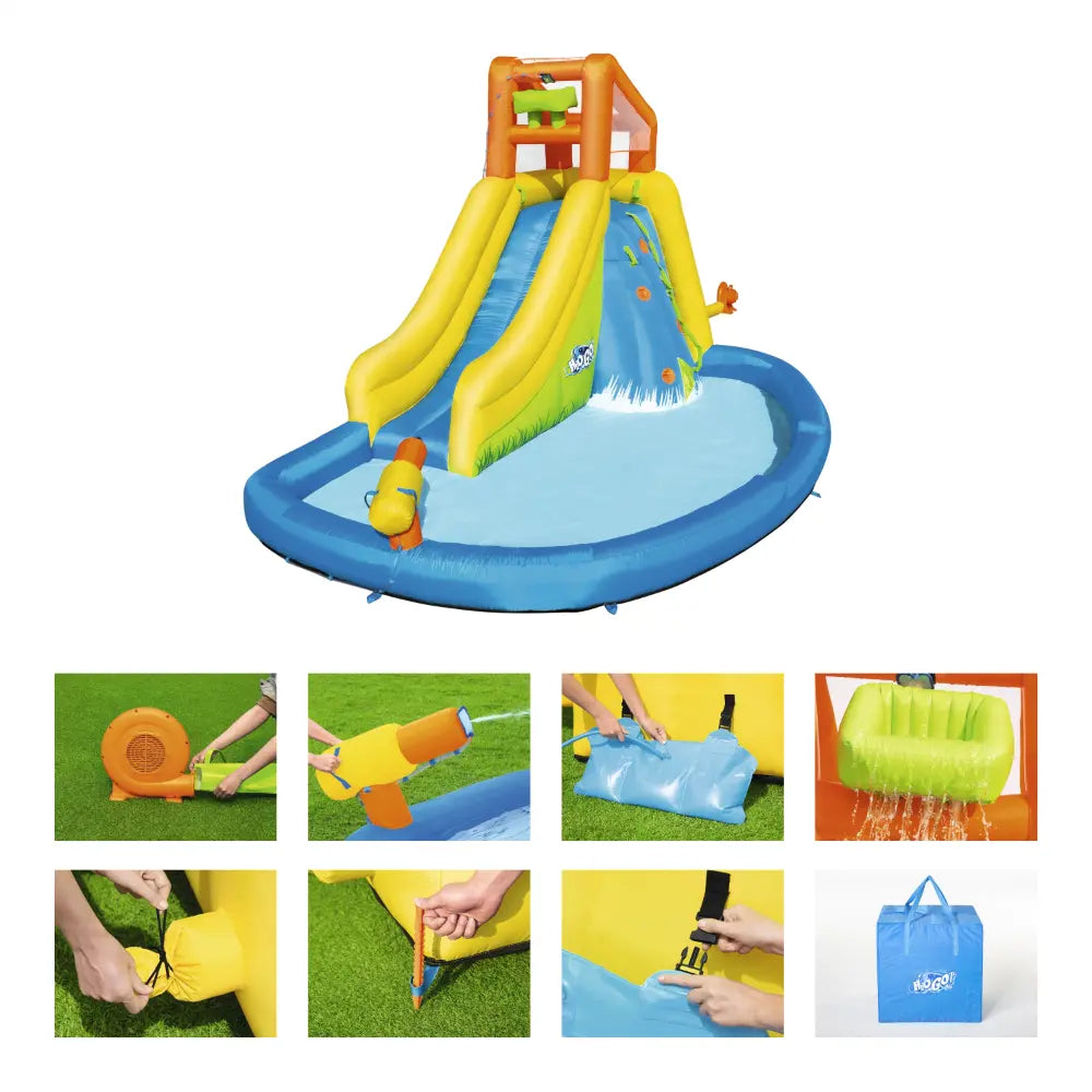 Bestway H2OGO Mount Splashblast Mega Water Park 4.35m Inflatable Slide with Climbing Wall, Splash Pool, Blower Included, Kids Outdoor Water Play Center, Ages 5+