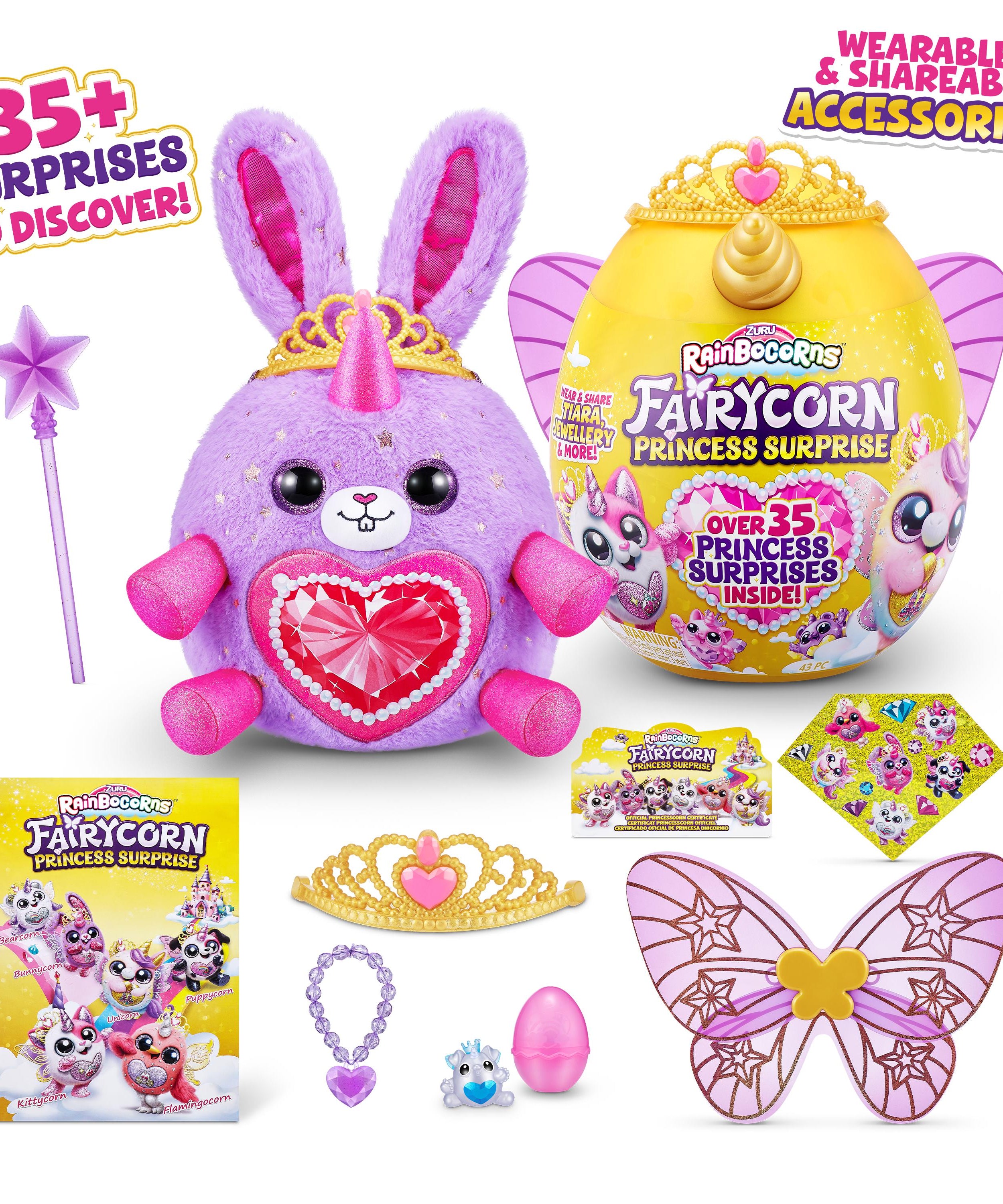 Rainbocorns Fairycorn Princess Surprise (Puppy) 11" Collectible Plush Toy with 35+ Surprises, Fairy Wings, Tiara, Wand, Boo-Boocorn, and Surprise Egg, Soft Toy for Girls Ages 3+