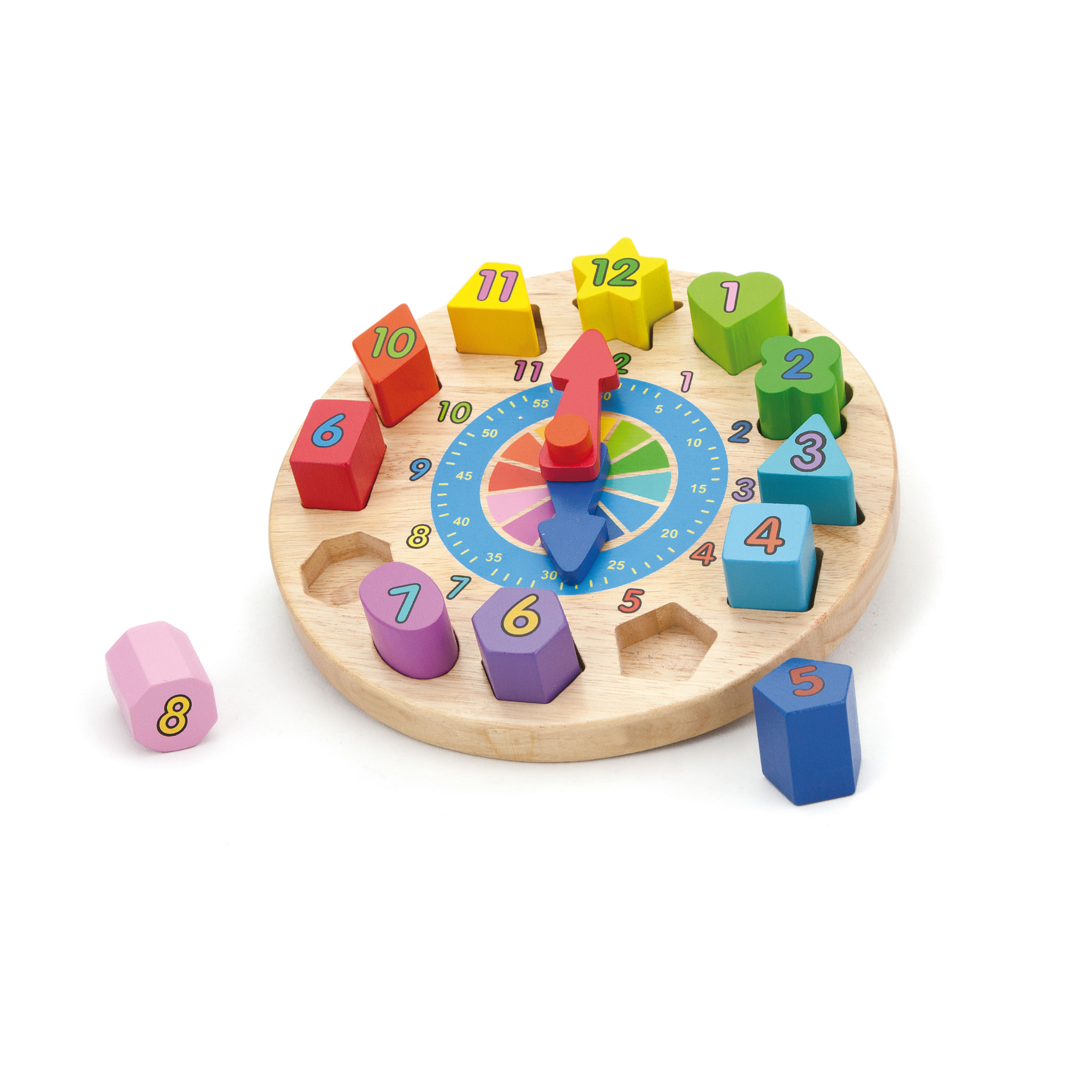لعبة مونتيسوري على شكل ساعة دائرية من فيجا، أحجية خشبية بأيدٍ متحركة و12 مكعبًا هندسيًا ملونًا، تُعلّم الوقت والأشكال والألوان، وتُنمّي المهارات الحركية الدقيقة والمنطق، صديقة للبيئة، للأعمار من سنتين فما فوق