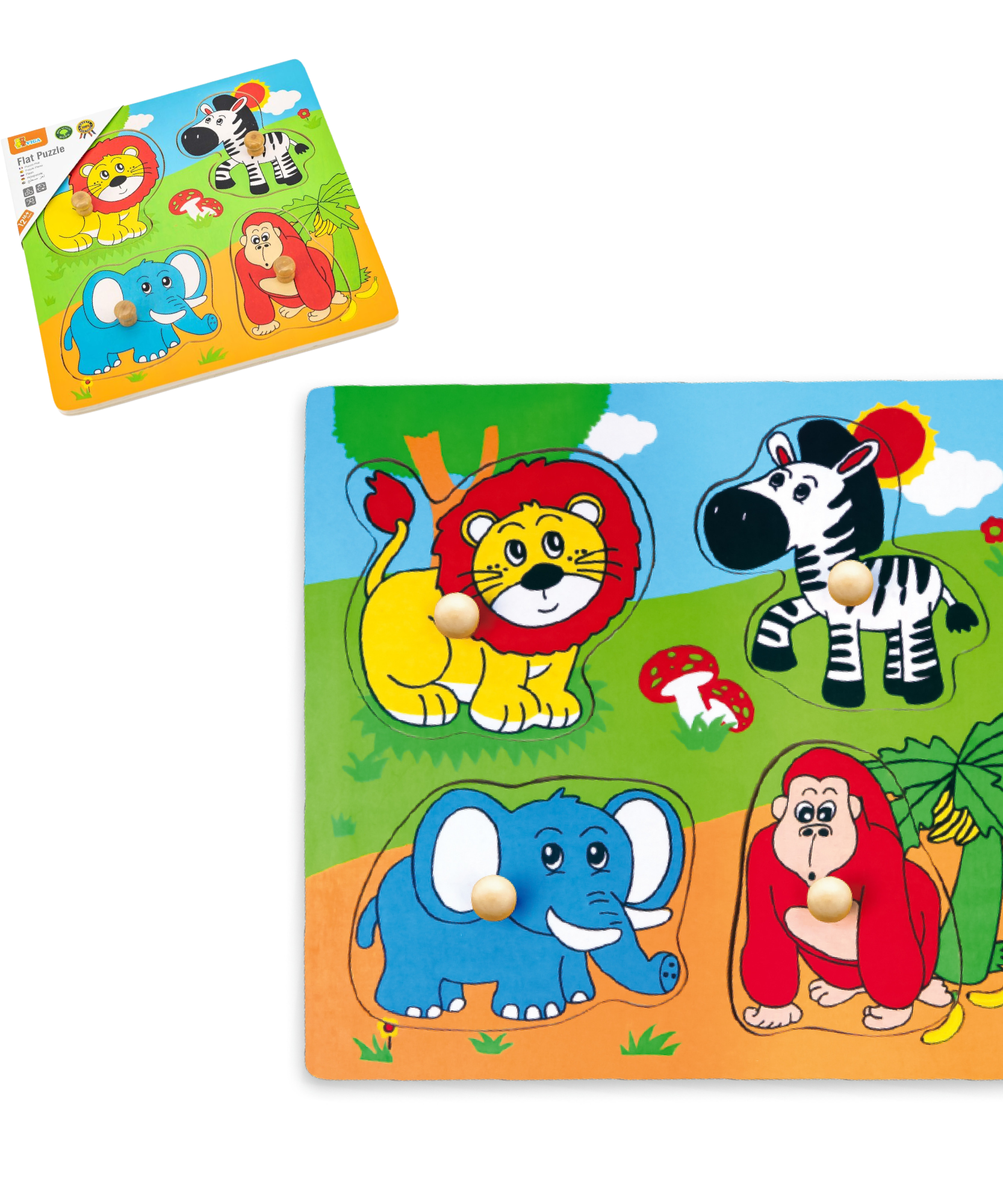 Viga Wild Animals, 4 Piece Knob Puzzle, Montessori Wooden Toy, Develops Sensory, Cognitive & Fine Motor Skills, Non-Toxic & Eco-friendly Kids Educational Toy, Suitable for Children Aged 12M+