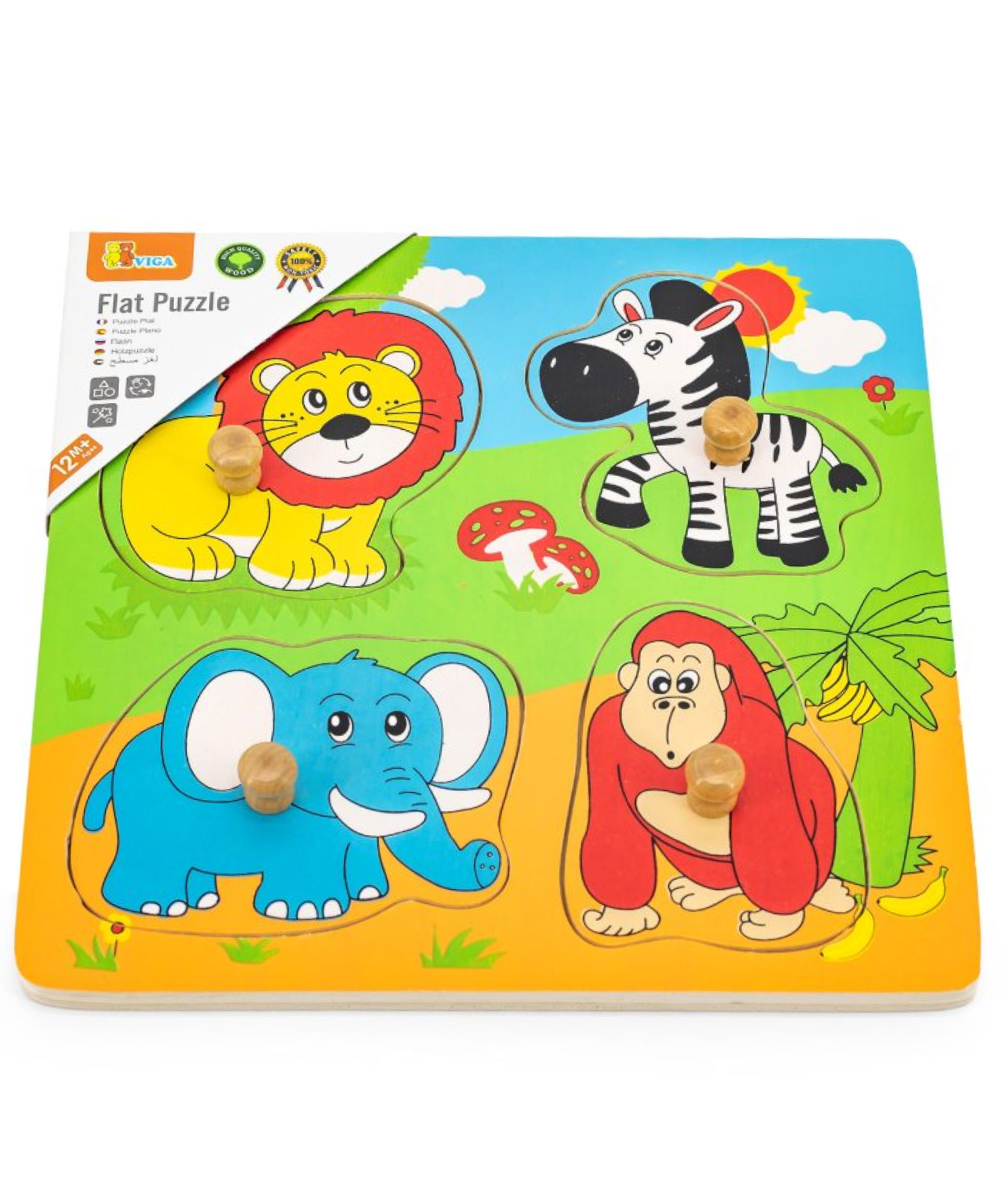 Viga Wild Animals, 4 Piece Knob Puzzle, Montessori Wooden Toy, Develops Sensory, Cognitive & Fine Motor Skills, Non-Toxic & Eco-friendly Kids Educational Toy, Suitable for Children Aged 12M+