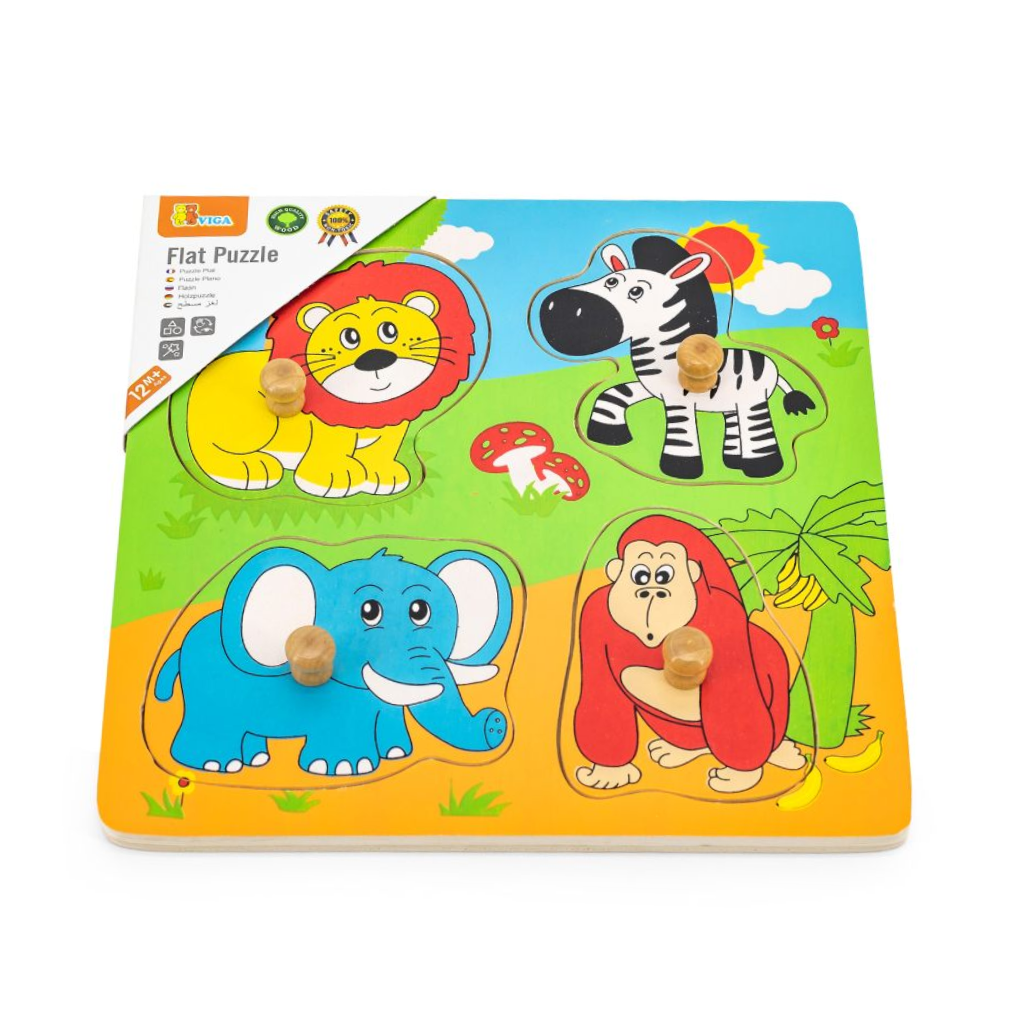Viga Wild Animals, 4 Piece Knob Puzzle, Montessori Wooden Toy, Develops Sensory, Cognitive & Fine Motor Skills, Non-Toxic & Eco-friendly Kids Educational Toy, Suitable for Children Aged 12M+