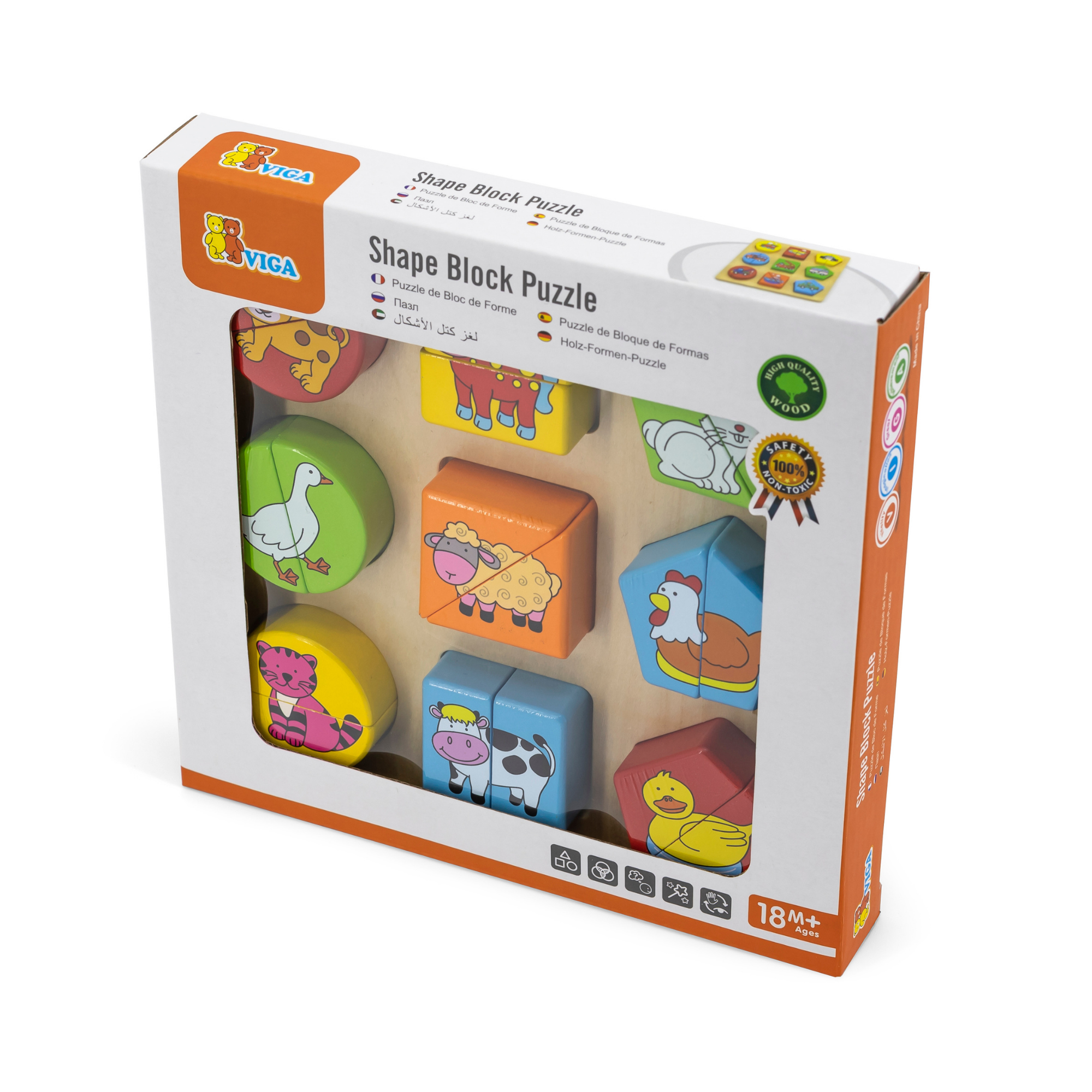 لعبة أحجية مكعبات هندسية من فيجا فارم أنيملز، مكونة من 18 قطعة، لعبة مونتيسوري خشبية، تُنمّي المهارات الحسية والإدراكية والحركية الدقيقة، غير سامة وصديقة للبيئة، مناسبة للأطفال من سن 18 شهرًا فما فوق