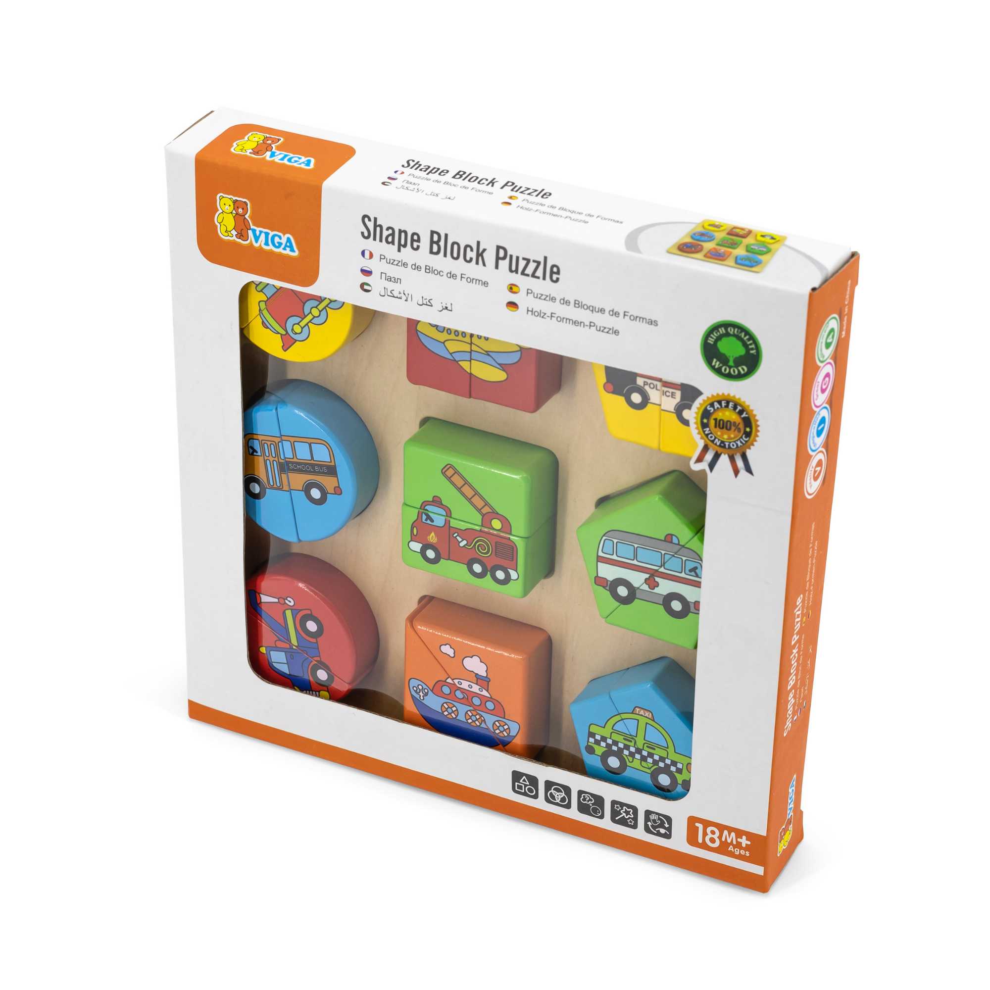 Viga Vehicles & Shapes, 18 Piece Block Puzzle, Montessori Wooden Toy, Develops Sensory, Cognitive & Fine Motor Skills, Non-Toxic & Eco-friendly Kids Educational Toy, Suitable for Children Aged 18M+