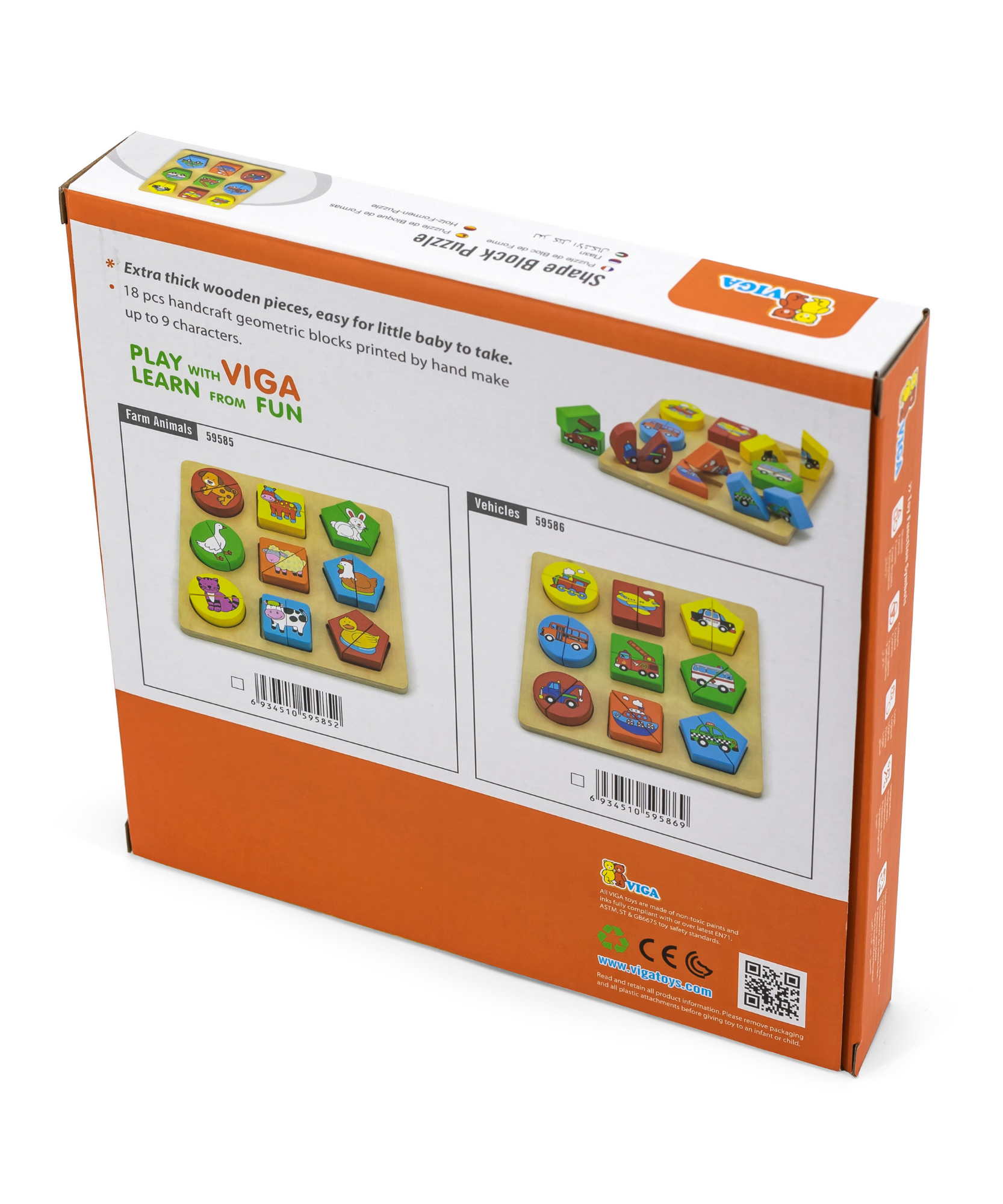 Viga Vehicles & Shapes, 18 Piece Block Puzzle, Montessori Wooden Toy, Develops Sensory, Cognitive & Fine Motor Skills, Non-Toxic & Eco-friendly Kids Educational Toy, Suitable for Children Aged 18M+