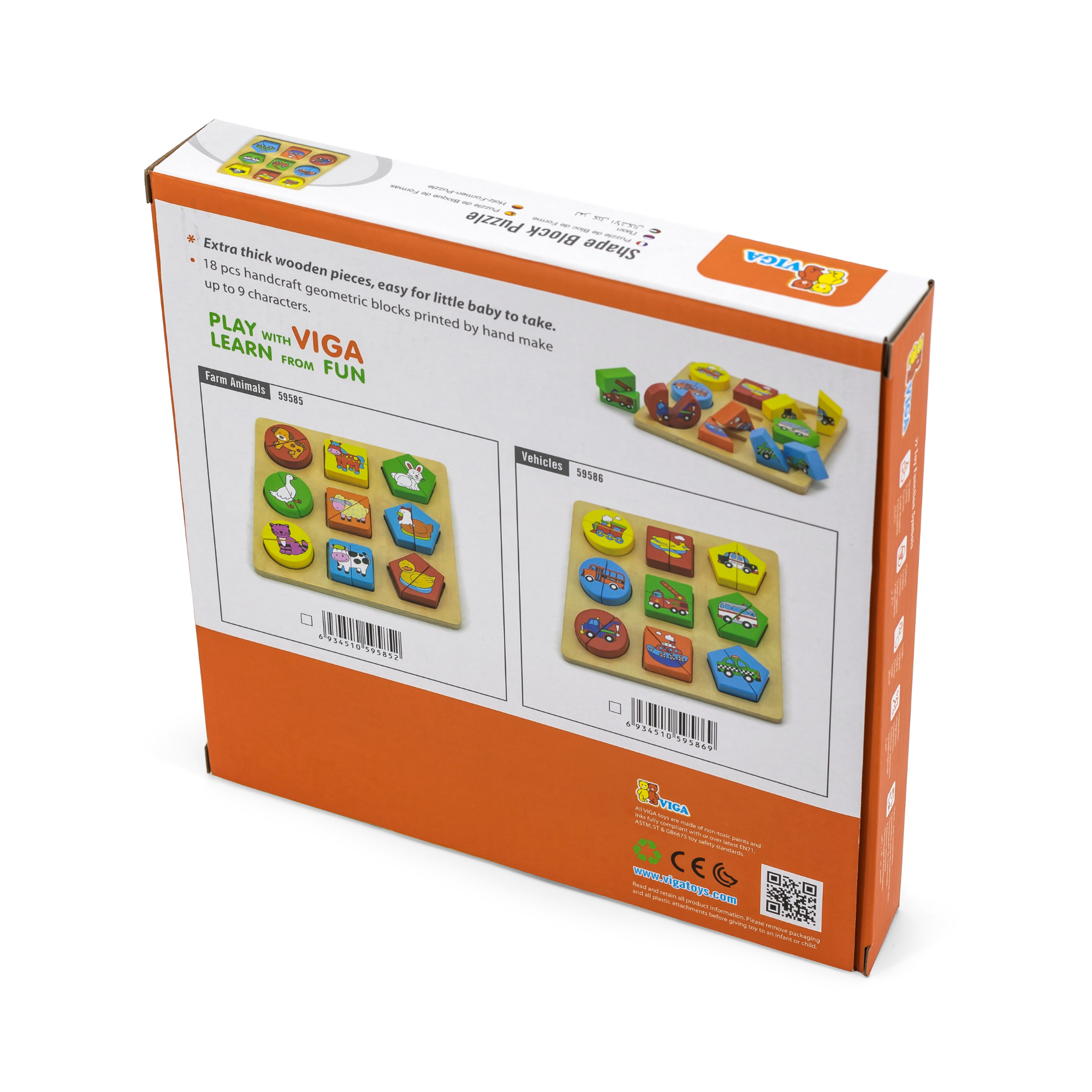 Viga Vehicles & Shapes, 18 Piece Block Puzzle, Montessori Wooden Toy, Develops Sensory, Cognitive & Fine Motor Skills, Non-Toxic & Eco-friendly Kids Educational Toy, Suitable for Children Aged 18M+