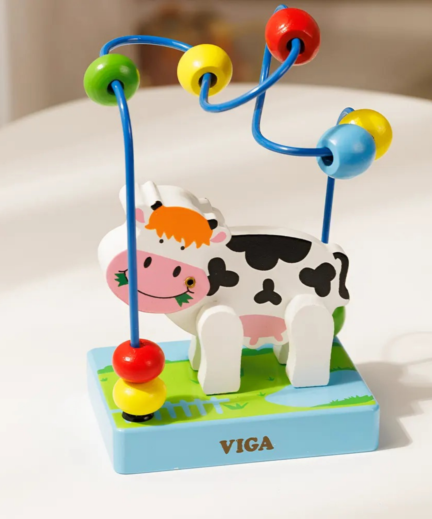 VIGA Cow Mini Wire Beads Toy, Montessori Wooden Bead Maze with Movable Cow Head & Body, Develops Fine Motor Skills, Hand-Eye Coordination & Logic, Eco-Friendly & Non-Toxic, for Boys & Girls Ages 2+