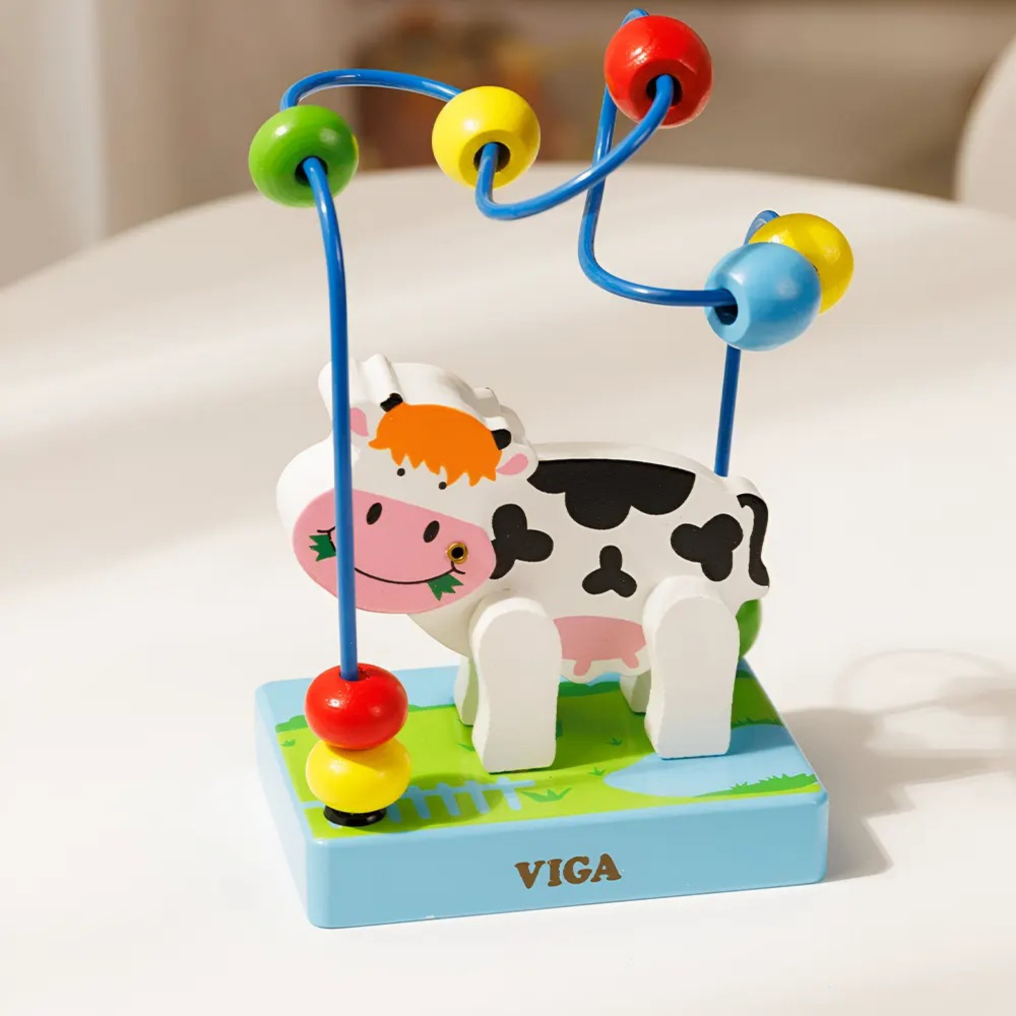 VIGA Cow Mini Wire Beads Toy, Montessori Wooden Bead Maze with Movable Cow Head & Body, Develops Fine Motor Skills, Hand-Eye Coordination & Logic, Eco-Friendly & Non-Toxic, for Boys & Girls Ages 2+