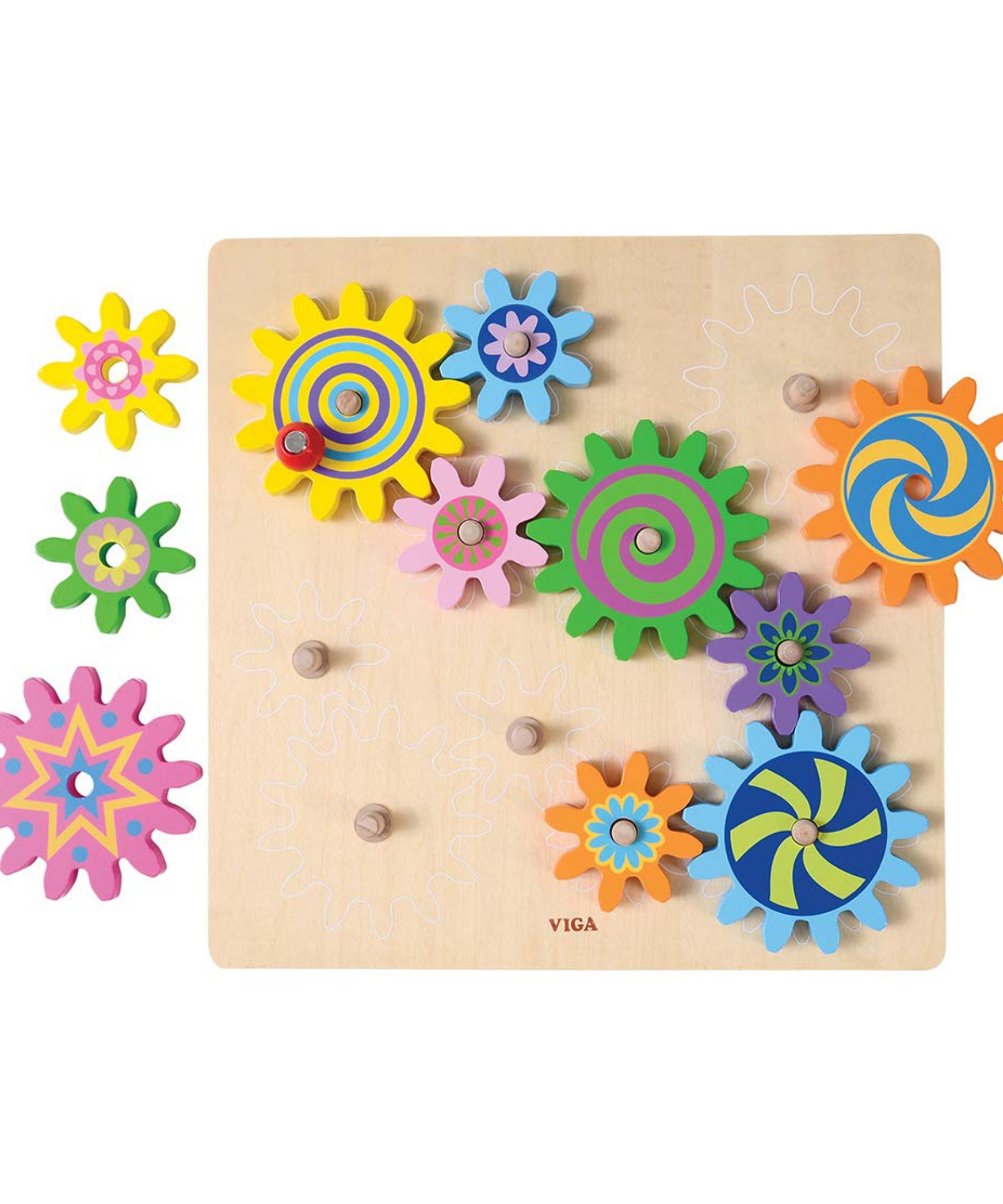 أحجية فيجا الخشبية الدوارة من مونتيسوري، تُنمّي مهارات التنسيق بين اليد والعين والتفكير المنطقي، مع إمكانية تبديل وتدوير التروس للعب الإبداعي، وهي لعبة تعليمية صديقة للبيئة وغير سامة، مناسبة للأعمار من 18 شهرًا فما فوق.